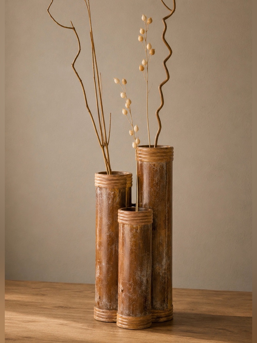 Vintage Sculptural Bamboo Vase Triple Tube Japandi Organic Modern Decor 1970’s